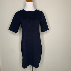 Blue Black Shift Dress Heavy Stretch Sz Small Fine Vertical Stripe